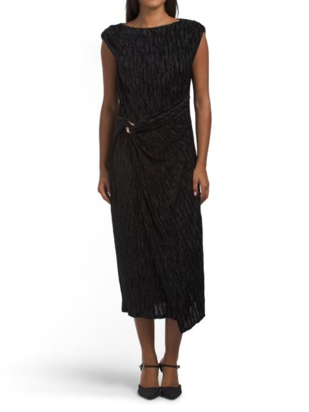 MAGGY LONDON Crinkle Velvet Midi Dress With Side Hardware